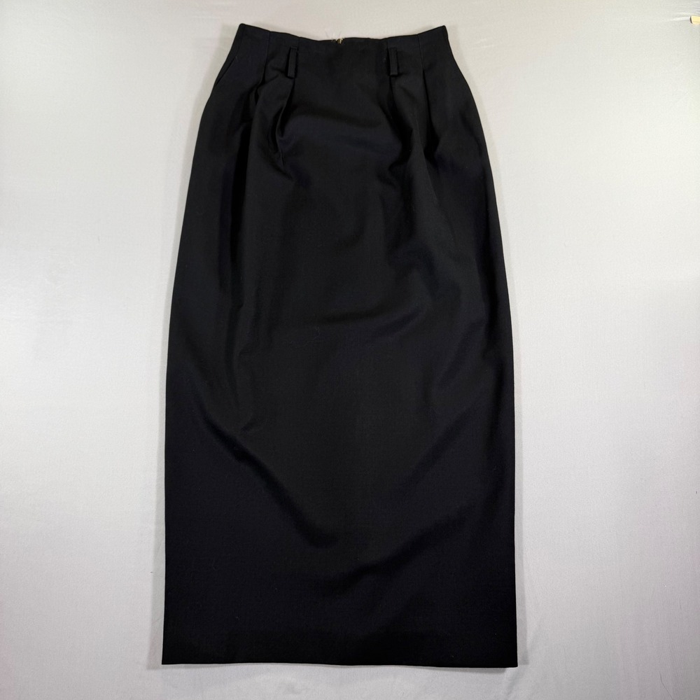 Vintage Black 100% Wool Maxi Skirt Buttons USA 8 Modest 90s Dark Academia Office